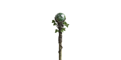 Magic staff with green crystal and vine wrap isolated on transparent background
