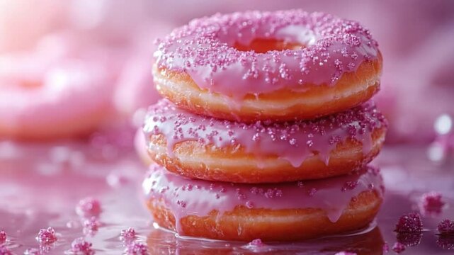 Close-up view of a stack of frosted pink donuts with sugar sprinkles on a pastel background.