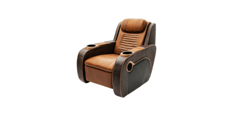 Vintage leather recliner armchair with cup holders isolated on transparent background
