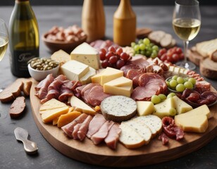 Elegant charcuterie board featuring artisan cheeses, cured meats, and white wine, culinary delight, upscale snack