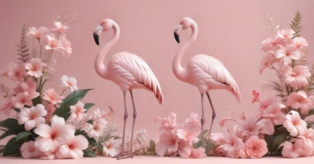 Naklejka premium Elegant flamingo and flowers illustration in light pink hue, soft, artwork, light pink
