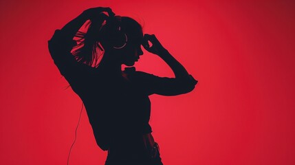 Silhouette of a young woman adjusting her headphones and enjoying music on red background