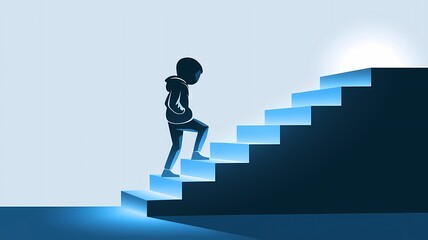 Silhouette of a person climbing illuminated stairs towards a bright light.