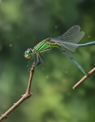 Emerald green damselfly rests on a thin branch , tree, nature, leaf