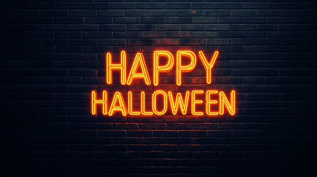 Happy Halloween Neon Sign on Brick Wall   October Holiday