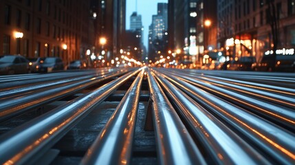 Obraz premium Gleaming rail tracks stretch into the bustling city, sparkling under the urban lights in a dramatic perspective.