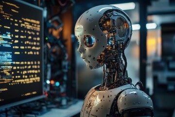 Humanoid robot standing next to a computer screen displaying code in a tech lab