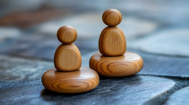 Wooden figures in conversation on stone, calm background, representing communication or teamwork; ideal for business or therapy concepts