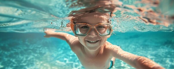 Fototapeta premium Young boy swimming underwater in a pool with goggles, smiling at the camera