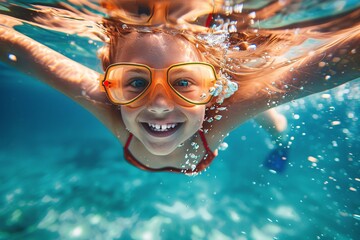 Naklejka premium Smiling young girl wearing orange swimming goggles swimming underwater in the ocean