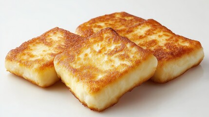 A serving of saganaki cheese, pan-fried to golden perfection, on a white background