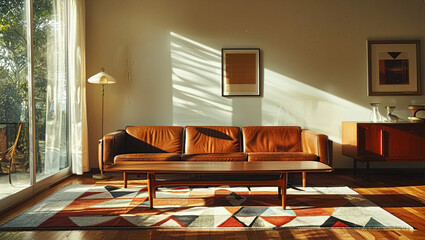 A 1960s inspired Brown Leather Sofa, Mid-century inspired living Room with Multi-colored Rug, coffee table and Abstract Framed  Art. Interior Design Background