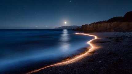 Obraz premium Nighttime Seascape with Light Trail on Rocky Shore