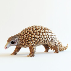 Fototapeta premium Scaly pangolin, unique scales, walking on white background.
