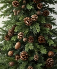 Fir Christmas tree with a naturalistic theme and pinecones, acorns, and twigs, naturalistic theme, nostalgic feel, cozy living room