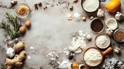 Fototapeta premium Baking ingredients arranged on marble surface; flour, eggs, garlic, ginger, rosemary; copy space; food blog, recipe website
