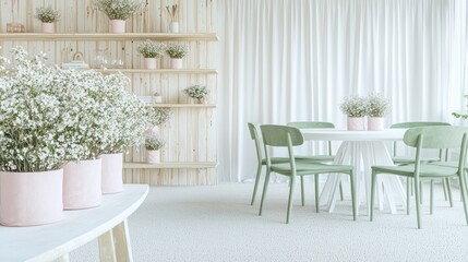 A bright and airy dining room with a whitewashed pine shelf