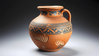 Traditional terracotta pot featuring intricate patterns and a sturdy handle.