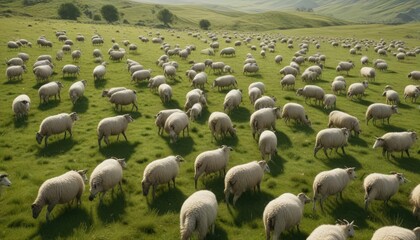 Fototapeta premium Flocking of sheep in a green meadow with a subtle sheen to the wool, natural landscape., pasture scene, countryside scene, grazing animals, rural scenery