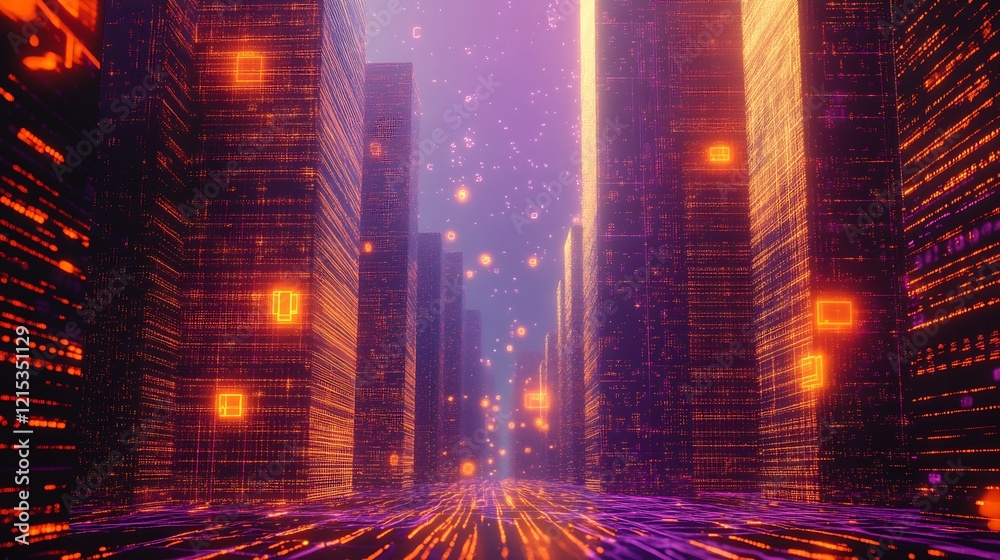 Aufkleber futuristic neon digital cityscape with glowing orange and purple data streams : generative ai