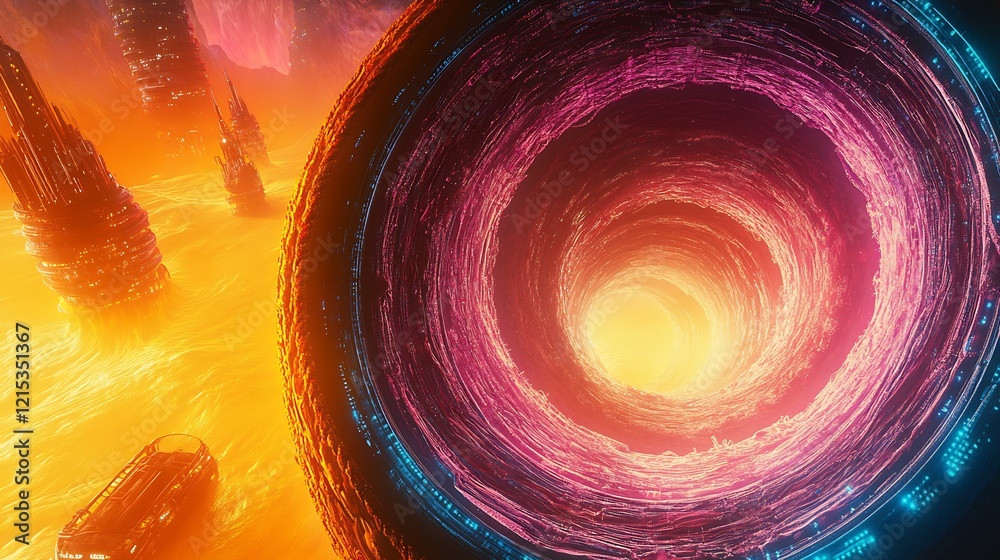 Poster futuristic abstract digital vortex with neon glow in surreal landscape setting : generative ai