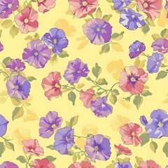 Simple graphic pattern of petunias and celosias against a pastel soft yellow background, small flowers covering the whole picture.