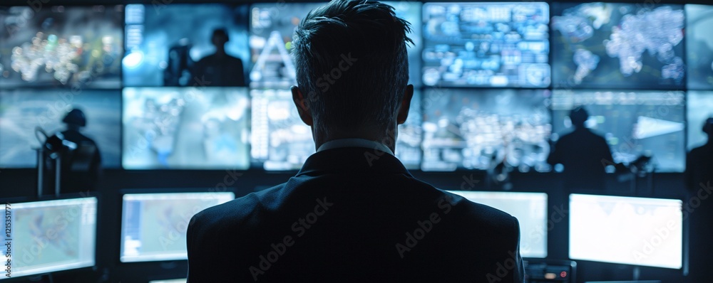 Poster Security chief is analyzing data on multiple screens showing surveillance footage in a modern control room