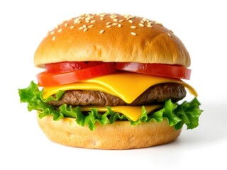 Fresh juicy burger with lettuce, tomato, cheese, and sesame seed bun isolated on white background, cheeseburger, burger