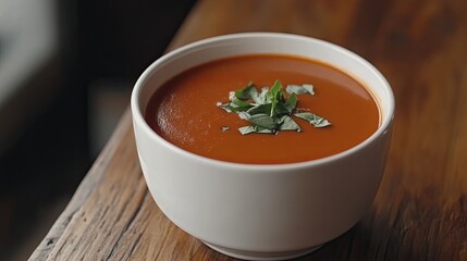 Creamy tomato basil soup in a white ceramic bowl garnished with fresh herbs, served on a rustic wooden table in an inviting interior.