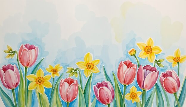 Spring flowers illustration, vibrant colors, tulips and daffodils, blue sky background, floral language, spring revival