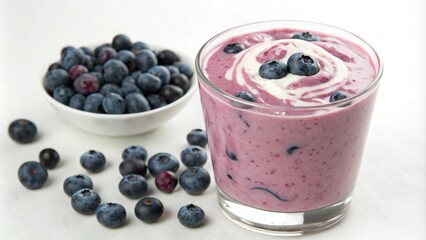 Freshly blended blueberry smoothie with yogurt in a clear glass, glass, smoothie, refreshment, yogurt, food
