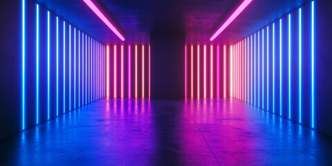 A neon-lit corridor pulses with vibrant hues of pink and blue