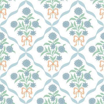 Coquette grandmillennial seamless pattern with gentle flowers and bow, ribbon. Soft blue cottagecore trellis print. Vector floral wallpaper, retro repeat background, textile design, vintage paper.