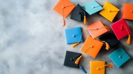Colorful graduation caps scattered on gray background; perfect for education, celebration, or achievement announcements