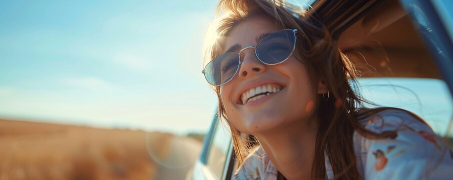 Young woman smiling and enjoying the freedom of a road trip while leaning out of the car window