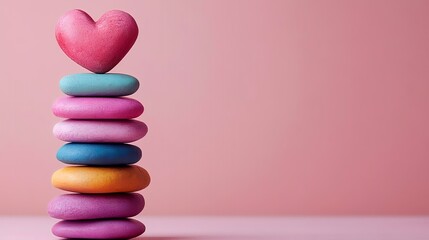 Colorful stones stacked with heart, pink background, balance concept, Valentine's Day card