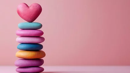 Fototapeten Colorful stones stacked with heart, pink background, balance concept, Valentine's Day card © PixelNest