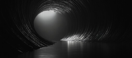 Dark tunnel, light at end, reflective water, abstract background, website banner
