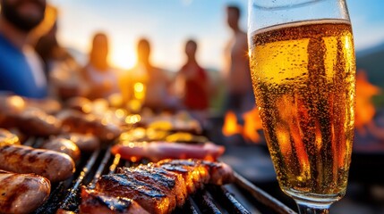 A vibrant BBQ scene showcases grilled meats sizzling alongside a chilled beer, inviting a sense of warmth and social gatherings, epitomizing summer joy and togetherness.