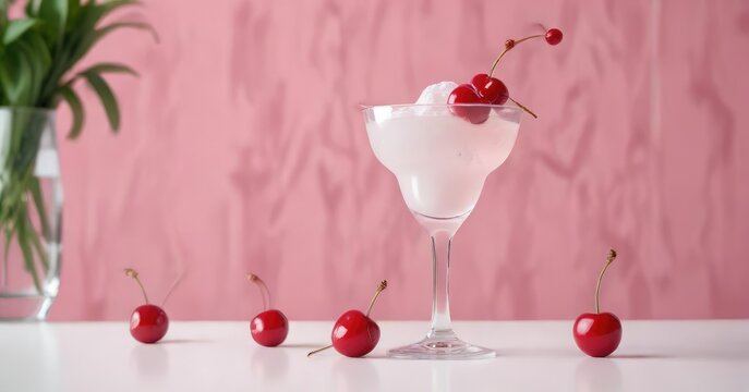Elegant white cocktail with a fresh cherry garnish on pastel pink, celebration, culinary art