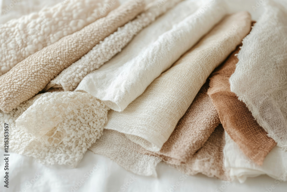 Poster a collection of neutral-toned textiles in various textures, showcasing a range of fabrics and weaves