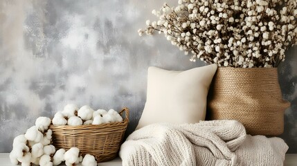 Naklejka premium Cozy autumn interior with cotton flowers, knitwear, and pillows against a textured wall. Perfect for home decor blogs