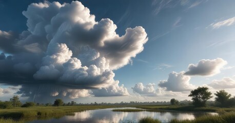 Clouds gathering over the bayou with a funnel-shaped clouds forming in the distance, cypress trees, wetlands, tree branches swaying