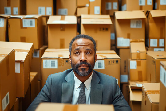 Businessman in warehouse surrounded by boxes