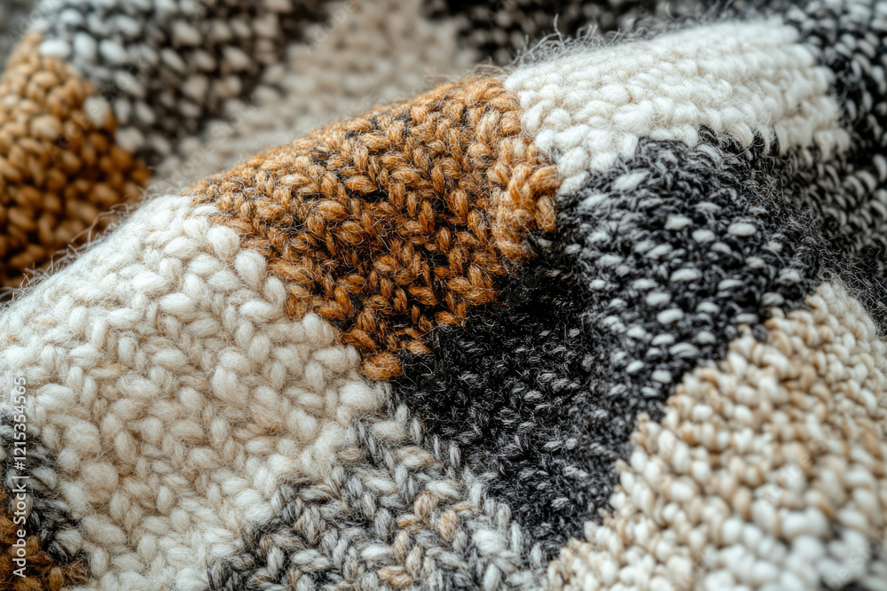 Poster Close-up of a cozy, multicolored knitted fabric with a textured surface showing off its warm colors and intricate weave.