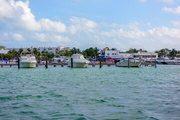 View from the sea to the buildings located on the seashore