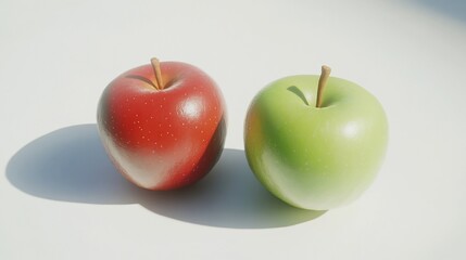 Red and green apples on white background, sunlight