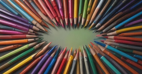 Fototapeta premium Colorful pens and pencils arranged in a triangle formation with wax crayons forming the base , triangular shape, colorful pens, creative composition