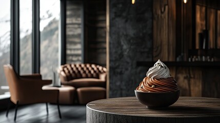 Vibrant pumpkin soup with a swirl of cream and pumpkin seeds, set against a chic minimalist interior.