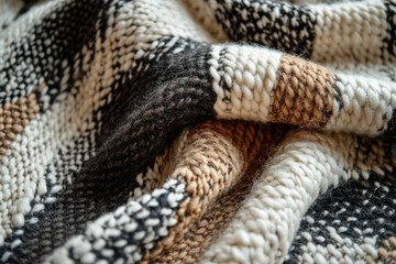 Close-up of a cozy, chunky knit blanket in cream, brown, and black stripes.